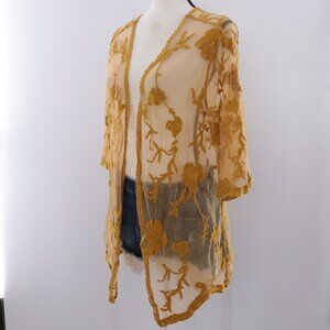 Maurices | Short Sleeve Cardigan Small Embroidered Sheer Mustard